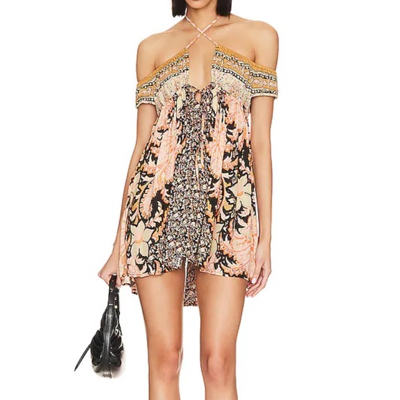Free People Off-Shoulder Floral Mini Dress - Black, Cream, Orange - Picture 3 of 9